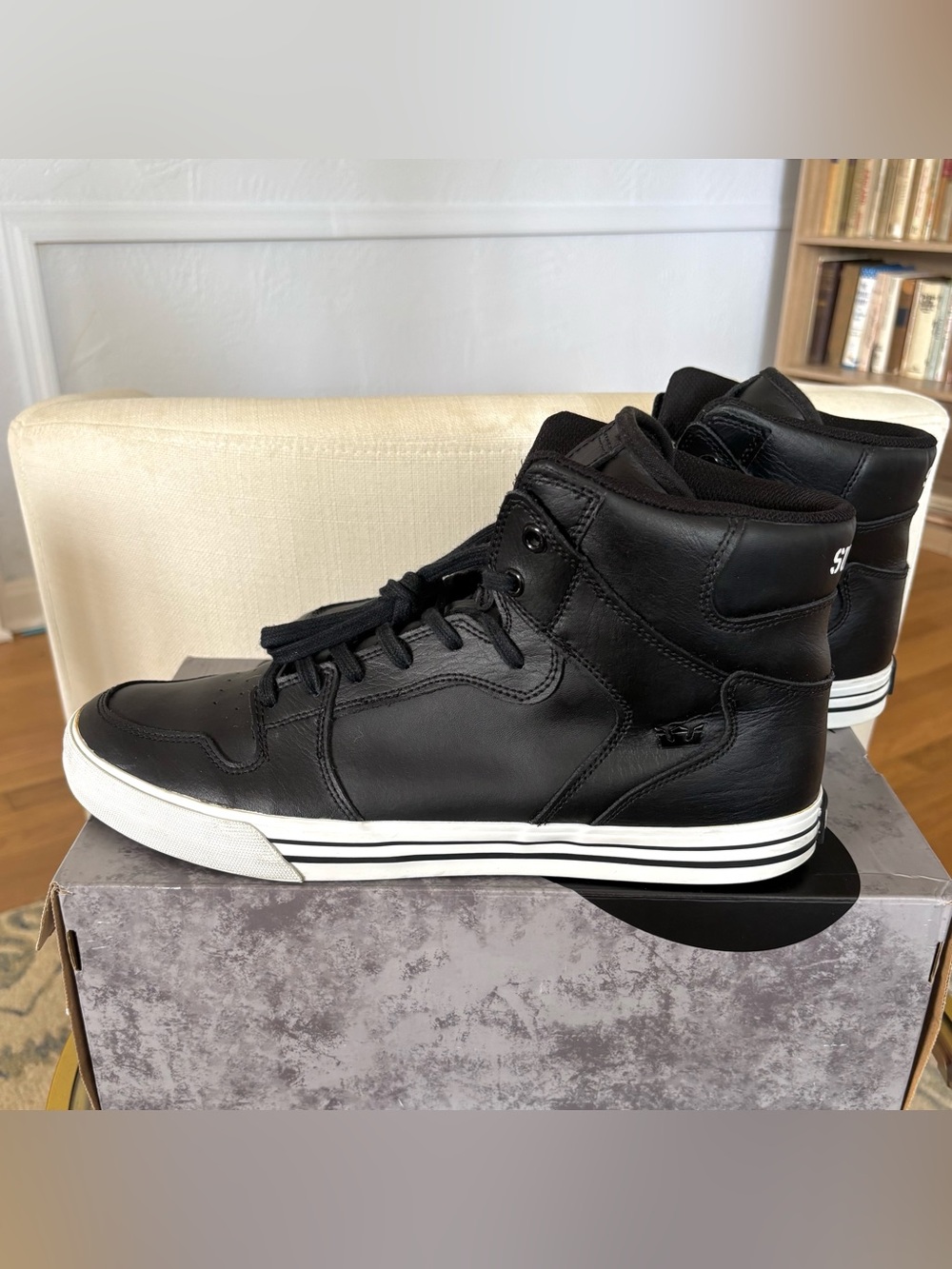 Supra Vaider High Top Black White Leather Skate Shoes Mens 13 S28296